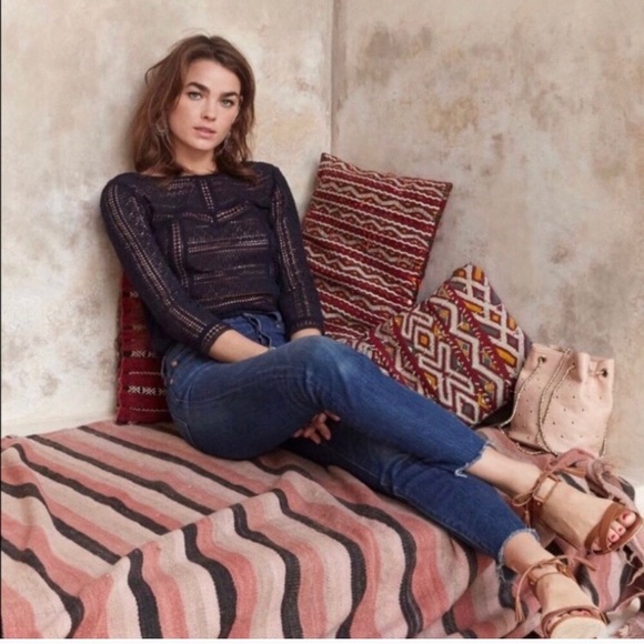 Sezane Izya Blouse Sz 36 Navy Openwork Blue - Picture 2 of 6